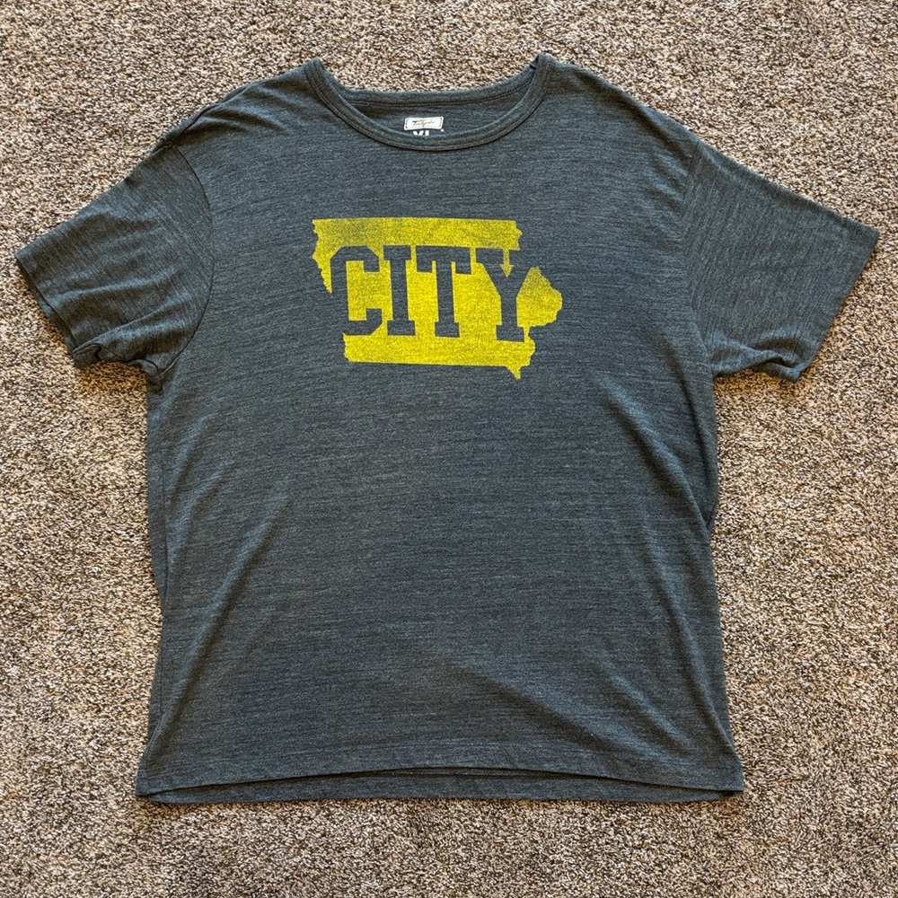 Tailgate Men’s Dark Gray Graphic Tee with Yellow 'CITY'. University of Iowa.